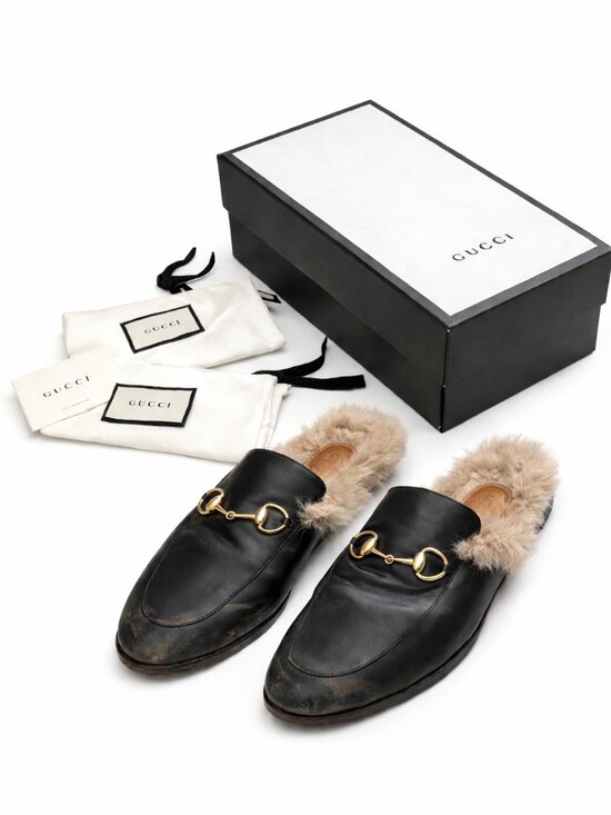 Gucci Shoes - $1090 GUCCI Princetown Slippers Calfskin Fur Womens - Size 41